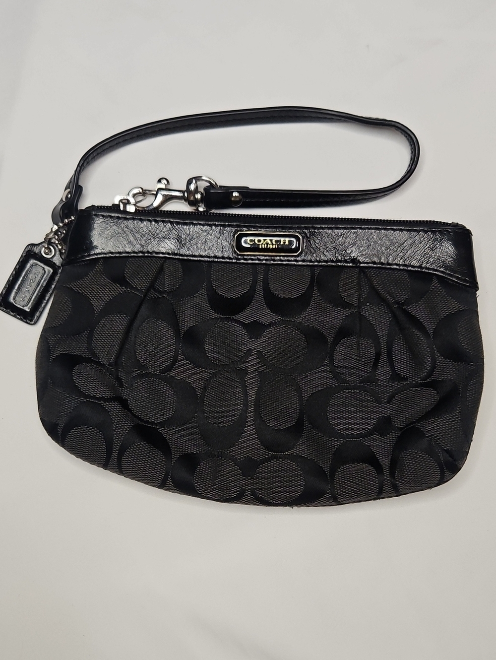 Coach Black Signature Wristlet with Leather Trim